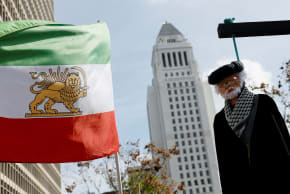An effigy resembling Iranian Supreme Leader Ayatollah Ali Khamenei is hanged during a rally in support of Iranian protesters during a global day of action in Los Angeles, California, February 14, 2026.