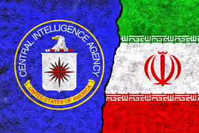 An illustration of the CIA and Iranian flags.