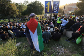 Protesters supporting Palestinians in Gaza gather at the University of California Los Angeles (UCLA) during the Israel-Hamas War, May 1, 2024; illustrative.