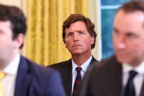 Tucker Carlson looks on during US President Donald Trump's meeting with an oil industry executives, at the White House in Washington, DC, US, January 9, 2026. 