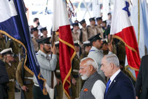 India's Prime Minister Narendra Modi and Israel's Prime Minister Benjamin Netanyahu attend a welcome ceremony upon Modi's arrival at Ben Gurion International Airport in Lod, near Tel Aviv, Israel February 25, 2026.