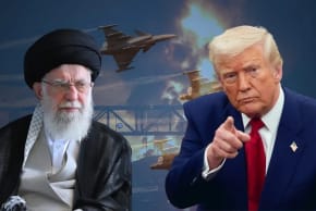 De izquierda a derecha: el ayatolá Alí Jamenei, de Irán, y el presidente Donald Trump, de Estados Unidos, con sus respectivas banderas y ataques con misiles como telón de fondo.
