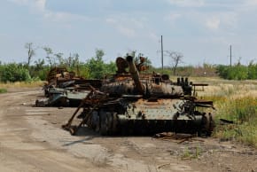 A view shows destroyed tanks near the village of Heorhiivka (Georgiyevka), in the course of Russia-Ukraine conflict in the Donetsk region, a Russian-controlled area of Ukraine, July 16, 2025.