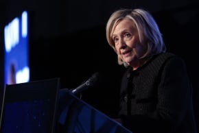 Former US Secretary of State Hillary Clinton speaks on stage as she attends the The World Forum 2026 on the "Future of Democracy, AI/Tech, and Humankind" as part of the "Cinema for Peace" events in Berlin, on February 16, 2026.