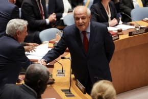 RIYAD H. MANSOUR, Palestinian Permanent Observer to the United Nations, shakes hands with Eloy Alfaro de Alba, Permanent Representative of Panama to the UN, before a Security Council meeting on the situation in the Middle East, at UN headquarters in New York City, US, February 18, 2026. 