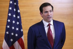 US Secretary of State Marco Rubio speaks to reporters in a departure lounge before returning to Washington following meetings with Caribbean Community (CARICOM) leaders, at Robert L. Bradshaw International Airport in Basseterre, Saint Kitts and Nevis on February 25, 2026.