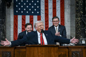 US President Donald Trump delivers the State of the Union address during a joint session of Congress in the House Chamber at the Capitol on February 24, 2026 in Washington, DC. Trump delivered his address days after the Supreme Court struck down the administration's tariff strategy.