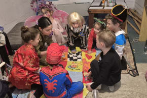 Israeli children celebrate Purim in a bomb shelter, March 2, 2026.