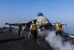 An EA-18G Growler electronic warfare aircraft prepares to launch from the flight deck of the U.S. Navy Nimitz-class aircraft carrier USS Abraham Lincoln in support of the Operation Epic Fury attack on Iran from an undisclosed location March 2, 2026. 