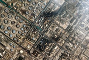 A satellite image shows efforts to control a fire as smoke rises in the Ras Tanura oil refinery in Saudi Arabia after a drone attack, amid the US-Israel conflict with Iran, in Ras Tanura, Saudi Arabia March 2, 2026. 