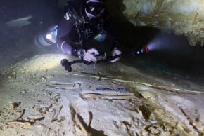 Human skeleton from a flooded cave along Mexico’s Caribbean coast.