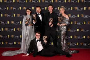 Alzbeta Karaskova, Radovan Sibrt, Pavel Talankin, David Borenstein and Helle Faber pose in the winner's room with the award for Documentary for "Mr Nobody Against Putin" during the 2026 British Academy of Film and Television Awards (BAFTA) at the Royal Festival Hall in the Southbank Centre, London, 
