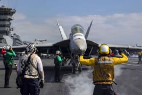 An F/A-18F Super Hornet, attached to Strike Fighter Squadron (VFA) 41, prepares to launch from the flight deck of Nimitz-class aircraft carrier USS Abraham Lincoln (CVN 72) in support of Operation Epic Fury, March 3, 2026.