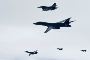 In this handout photo released by the South Korean Defense Ministry, U.S. Air Force B-1B Lancer bombers, July 8, 2017 in Korean Peninsula, South Korea. 