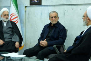 Iranian President Masoud Pezeshkian, Gholam-Hossein Mohseni-Eje'i, the head of the judiciary and Alireza Arafi, deputy chairman of the Assembly of Experts, attend the meeting of the interim leadership council of Iran in an unknown location, amid the US-Israel conflict with Iran, March 1, 2026.