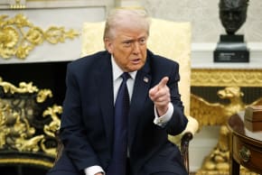 US President Donald Trump takes questions from the media during a bilateral meeting with German Chancellor Friedrich Merz in the Oval Office of the White House on March 03, 2026 in Washington, DC.