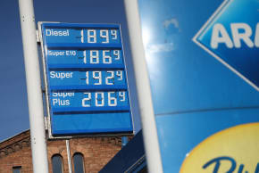 A sign shows gasoline prices that are significantly higher than the day before, when Super E10 was still below EUR 1.80, at a petrol station on March 02, 2026 in Berlin, Germany.