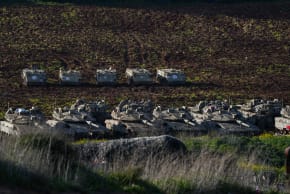 Israeli military vehicles and tanks are seen along the border with Lebanon, March 7, 2026