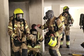 Fire and Rescue services evacuate a bomb shelter in central Israel, where a fire broke out, Marfch 9, 2026.