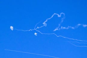 Rocket interceptions over central Israel on March 9, 2026, following rocket launches from Hezbollah in Lebanon.
