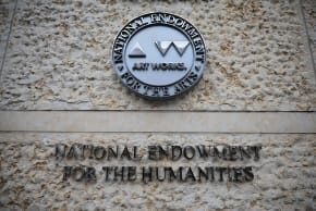 RAIN FALLS on the National Endowment for the Humanities building (NEH) on April 11, 2025 in Washington, DC.