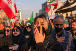 A demonstrator reacts during a rally in support of the new Supreme Leader at Enghelab Square in central Tehran on March 9, 2026.