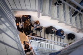  People take shelter in a stairway in Tel Aviv as a siren is sounded warning of incoming missilies fired from Iran into Israel. March 9, 2026. 