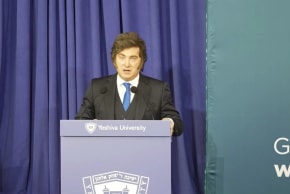 Argentinian President Javier Milei addresses and Audience at Yeshiva University on March 9, 2026.
