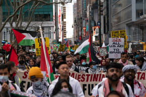 Protestors march near Times Square for Al-Quds Day on April 5, 2024 in New York City. Al-Quds Day, also known as International Quds Day, is an annual observation held on the last Friday of Ramadan.
