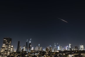 Anti-missile batteries fire interception missiles toward incoming ballistic missiles launched from Iran, as seen over Jerusalem, during the war with Iran and ongoing missile fire toward Israel, March 11, 2026. 