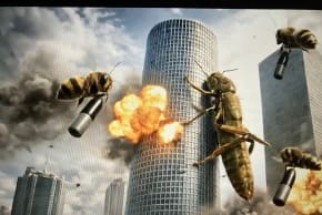An Eretz Nehederet segment depicting an Iranian official showing AI pictures of Tel Aviv buildings swarmed by massive insects.