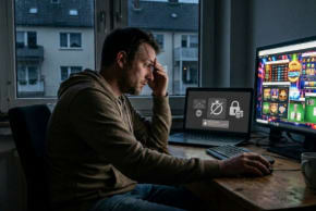 A concerned man sits at a desk, surrounded by a computer showing an online casino and a laptop with a blocked page.