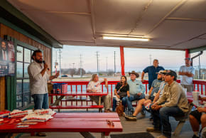REPUBLICAN CONGRESSIONAL candidate Brandon Herrera speaks during a campaign rally at the Constantino S Pizza restaurant on February 26, 2026 in Somerset, Texas. 