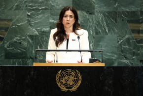United Arab Emirates' Assistant Minister for Political Affairs and Foreign Minister's Envoy Lana Nusseibeh addresses the United Nations General Assembly at UN headquarters in New York City on September 27, 2025. 