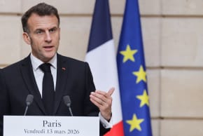 France's President Emmanuel Macron delivers a speech during a joint press conference with Ukraine's President Volodymyr Zelensky, at the Elysee Palace in Paris, March 13, 2026.