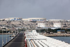 A picture taken on March 12, 2017, shows a view of an oil facility in the Khark Island, on the shore of the Gulf.