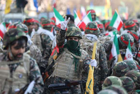 Basij militia members during an anti-Israel march in Tehran, January 2025; illustrative.
