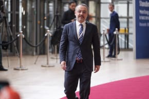 Nuh Ylmaz talking to media at the EU Council headquarters in Brussels, Belgium, March 17, 2025; illustrative.