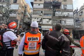 An apartment building hit by Iranian missile projectiles in Bnei Brak, March 16, 2026 