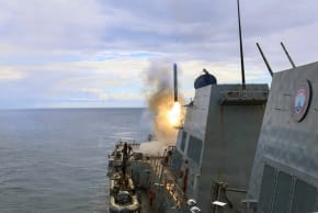 Arleigh Burke-class guided-missile destroyer USS Thomas Hudner (DDG 116) fires a Tomahawk land attack missile in support of Operation Epic Fury, on March 1, 2026 at Sea.