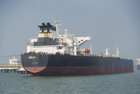 The Liberia-flagged tanker ‘Shenlong Suezmax,’ loaded with Saudi Arabian crude, arrives at a port after transiting the Strait of Hormuz amid supply disruptions, in Mumbai, India, March 12.