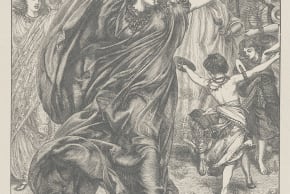 Prophet Miriam plays the tambourine as she dances and sings with the women as they leave Egypt. A Camden Press poster of a wood carving by the Brothers Dalziel after a mid-19th-century illustration by Edward Poynter.