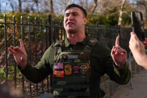 Far-right influencer Jake Lang speaks in front of Gracie Mansion regarding the attempted bombing at a protest organized by the influencer on Saturday, on March 9, 2026 in New York City. Two suspects were arrested on March 7 for allegedly throwing bombs that did not explode during a protest outside G