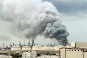 FILE PHOTO: Smoke rises following a strike on the Bapco Oil Refinery, amid the U.S.-Israeli conflict with Iran, on Sitra Island Bahrain, March 9, 2026. 