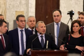 Lebanese Maronite lawmaker Gebran Bassil, addresses a press conference after consultations to name a Lebanese prime minister, on January 13, 2025, in Baadba.
