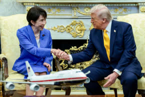 US President Donald Trump shakes hands with Japanese Prime Minister Sanae Takaichi in the Oval Office at the White House in Washington, DC, US, March 19, 2026.