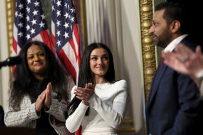 KASH PATEL is applauded by his partner Alexis Wilkins after being sworn in as FBI director by US Attorney General Pam Bondi in the Indian Treaty Room in the Eisenhower Executive Office Building (EEOB) on the White House campus in Washington, DC, US, February 21, 2025.
