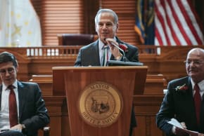 Providence Mayor Brett Smiley (L) and former Providence Mayor David Cicilline (M) gather for the gathered for our annual St. Joseph’s Day celebration on March 19, 2026.