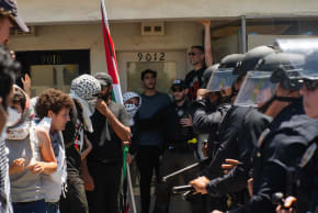 Anti-Israel protesters assemble outside of Adas Torah, a synagogue in the Pico Robertson neighborhood of Los angeels, July 23, 2024. 