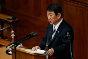 Japan's Foreign Minister Toshimitsu Motegi makes a speech in Tokyo's parliament, February 20, 2026.